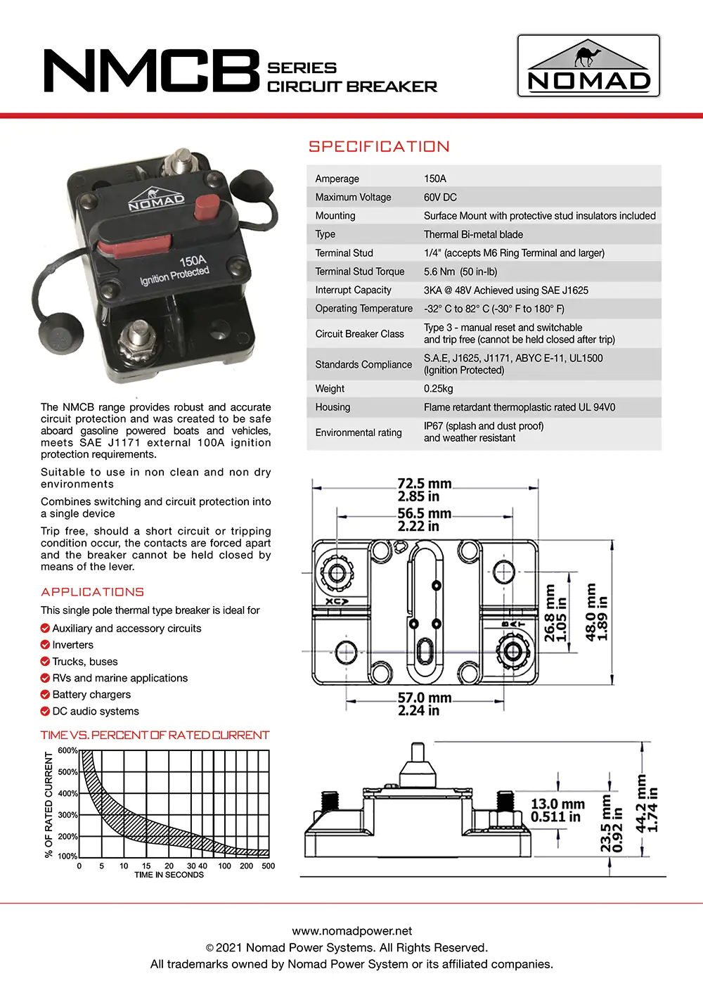NOMAD 150A DC CIRCUIT BREAKER NMCB SPECIFICATION SHEET
