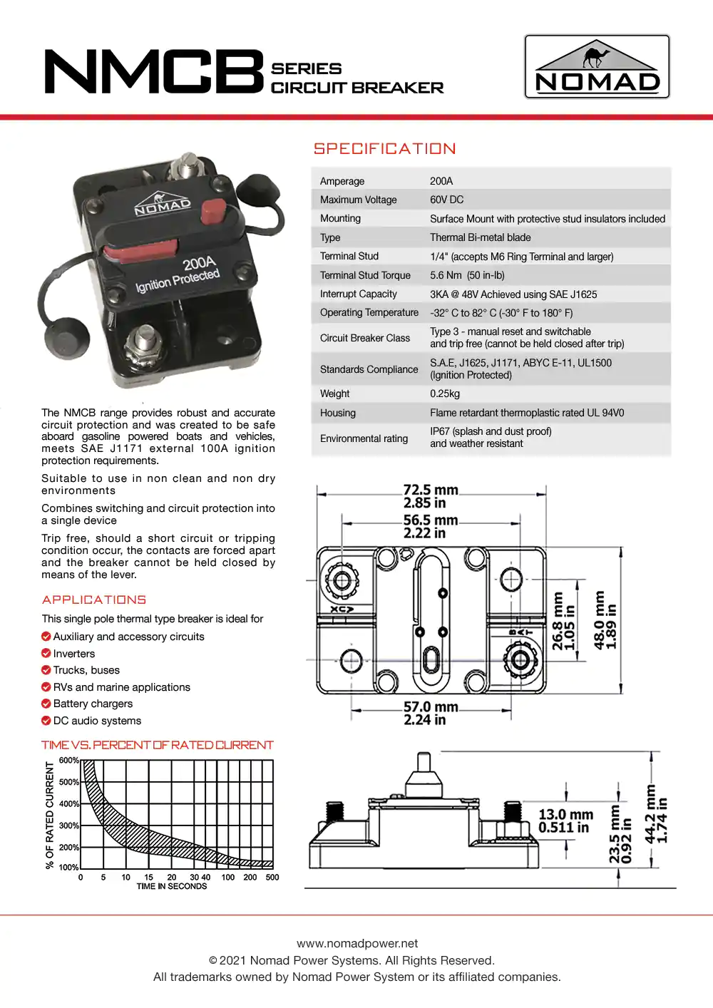 NOMAD 200A DC CIRCUIT BREAKER NMCB SPECIFICATION SHEET