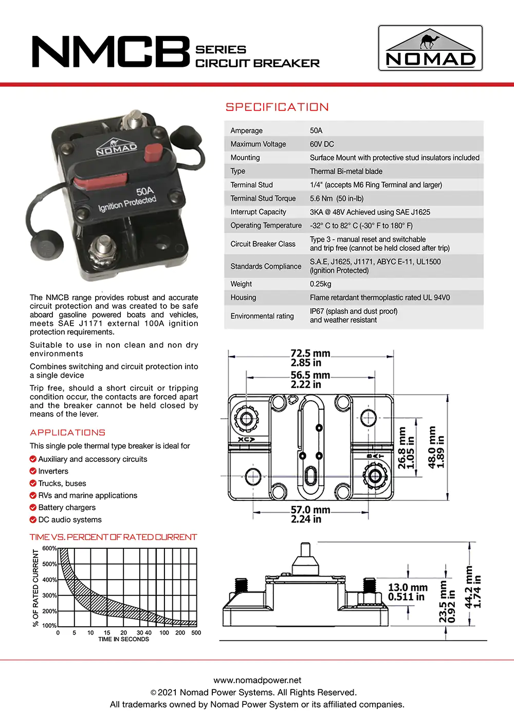 NOMAD 50A DC CIRCUIT BREAKER NMCB SPECIFICATION SHEET