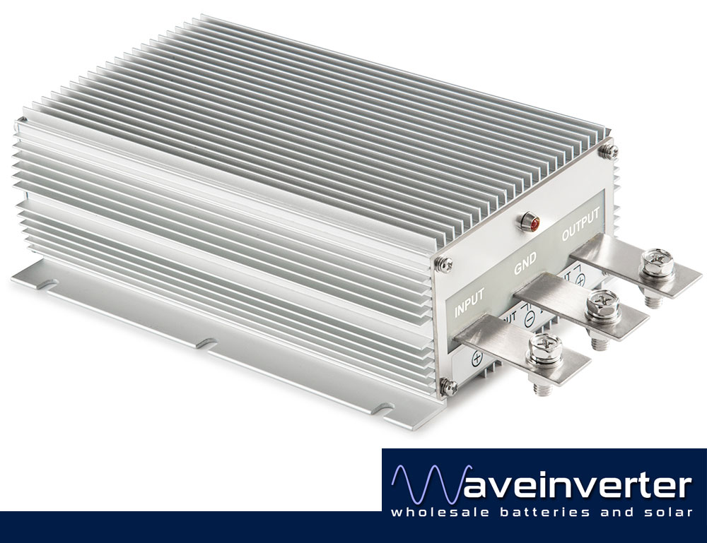 Waveinverter 24V to 12V DC 85A step-down converter, aluminium heatsink with mounting flange and bolted INPUT, GND and OUTPUT terminals