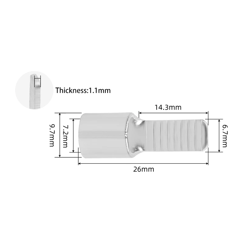 Dimension drawing of the 16 mm2 ferrule connector: 26 mm long, barrel 9.7 mm outside and 7.2 mm inside, blade 14.3 mm long, 6.7 mm wide and 1.1 mm thick