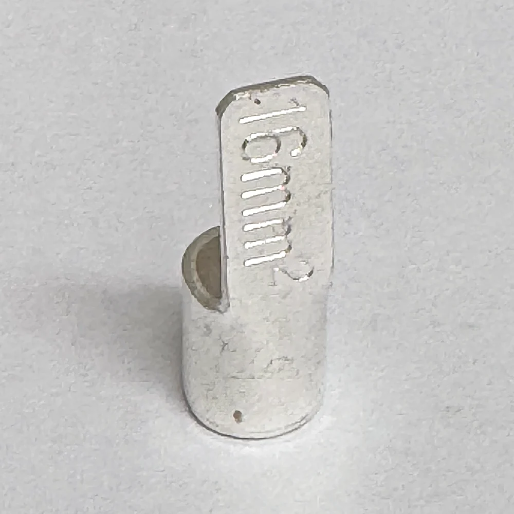 Tin plated copper ferrule connector for 16 mm2 cable, with a flat blade stamped 16mm2