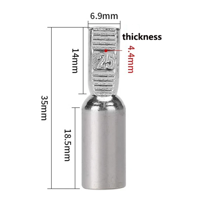 Dimension drawing of the 25 mm2 ferrule connector: 35 mm long, barrel 18.5 mm long, pin 14 mm long, 6.9 mm wide and 4.4 mm thick