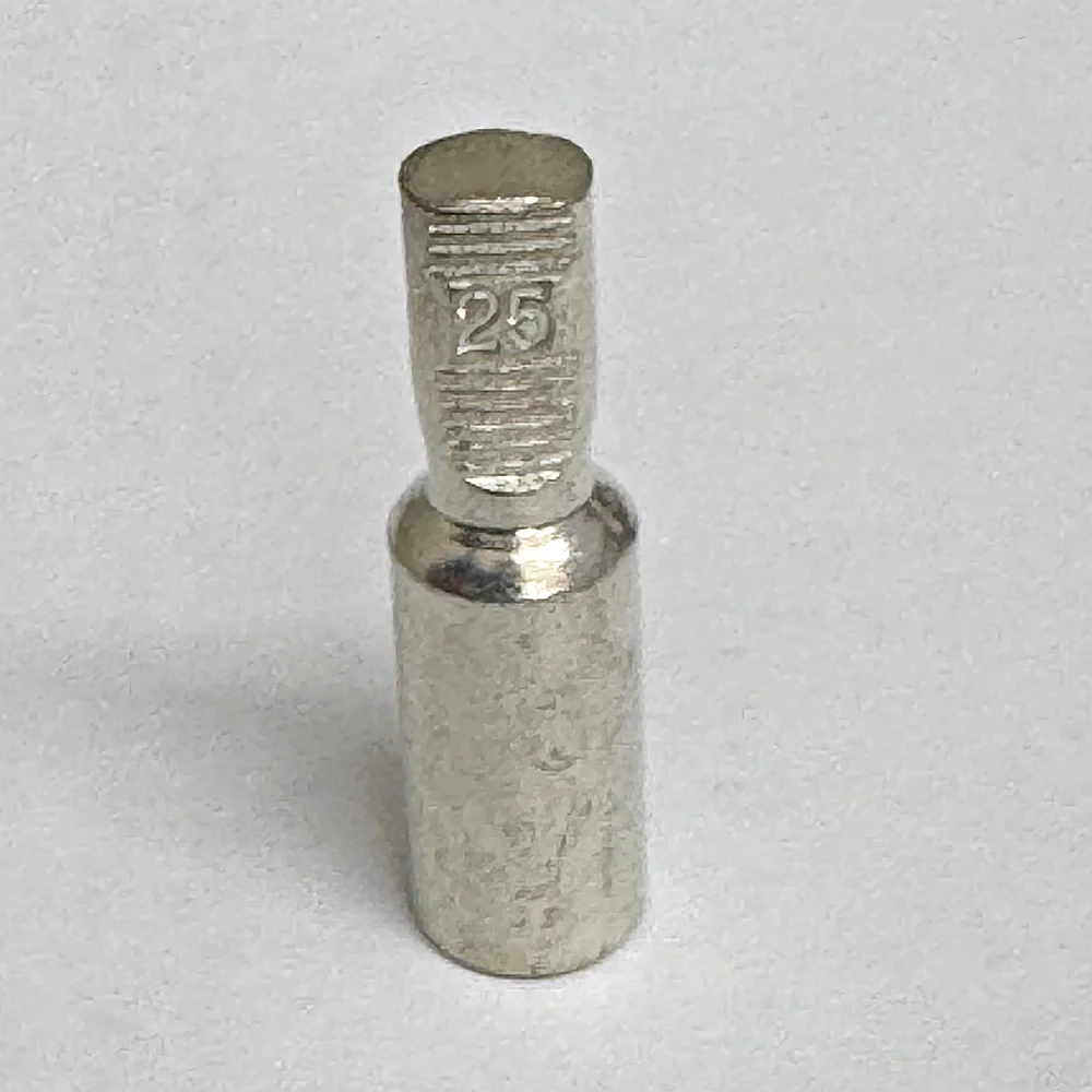 Tin plated copper ferrule connector for 25 mm2 cable, with a solid ridged flat pin stamped 25