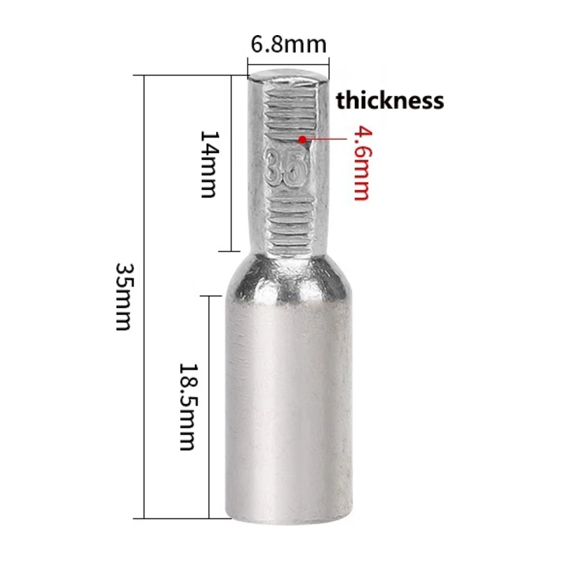 Dimension drawing of the 35 mm2 ferrule connector: 35 mm long, barrel 18.5 mm long, pin 14 mm long, 6.8 mm wide and 4.6 mm thick
