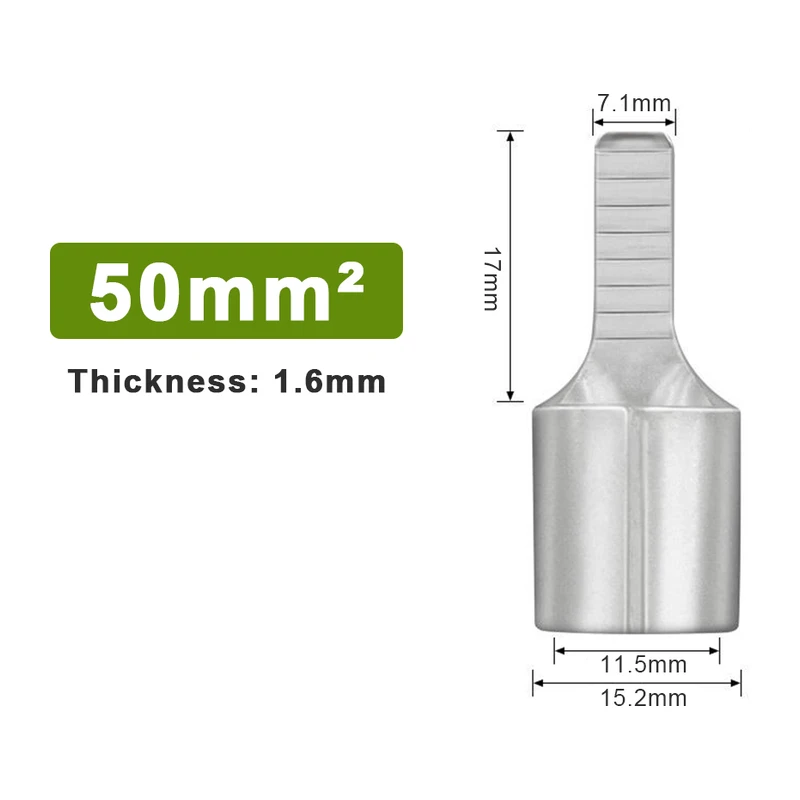 Dimension drawing of the 50 mm2 ferrule connector: blade 17 mm long, 7.1 mm wide and 1.6 mm thick, barrel 11.5 mm inside and 15.2 mm outside
