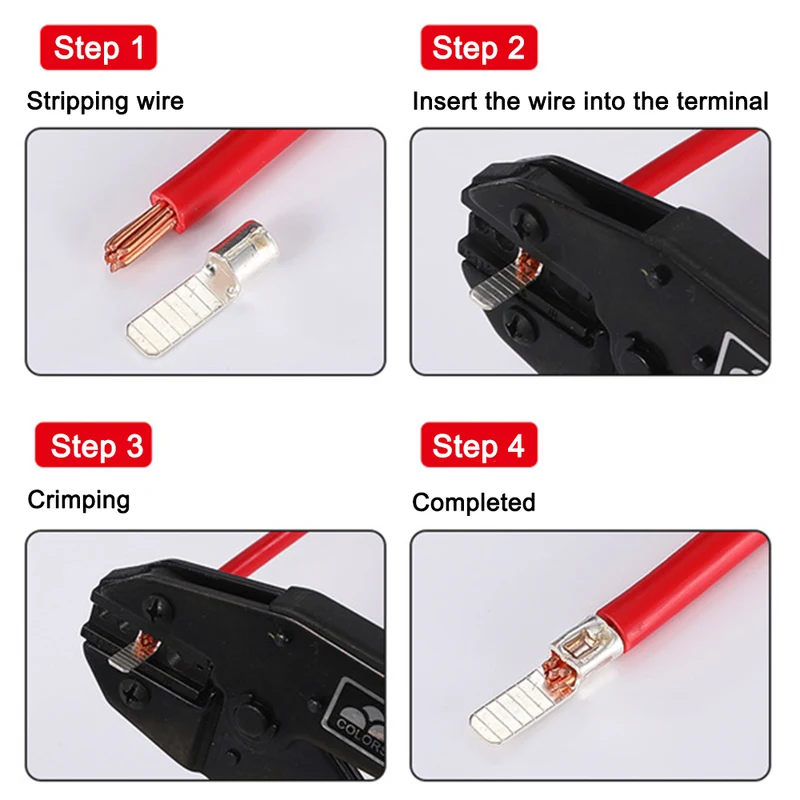 Four steps to fit a blade ferrule connector: strip the cable, push it into the barrel, crimp it, finished