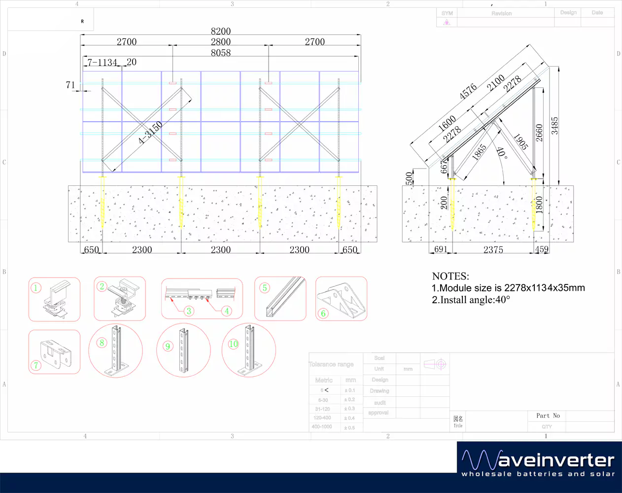 Full drawing sheet for the 14 panel solar ground mount: frame and side drawings with dimensions, and the ten numbered parts of the kit