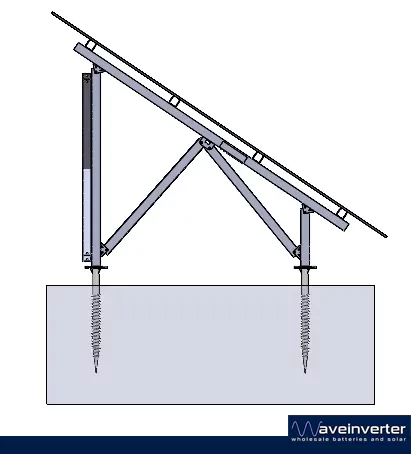 End view of the solar ground mount frame: short front leg, tall rear leg, diagonal strut and two ground screws