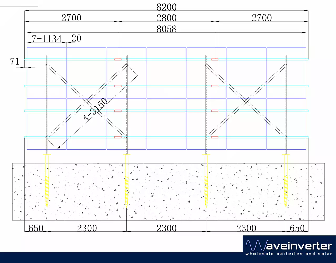 Frame drawing of the 14 panel solar ground mount with dimensions: 8200 mm rails, seven 1134 mm panels per row, ground screws at 2300 mm centres