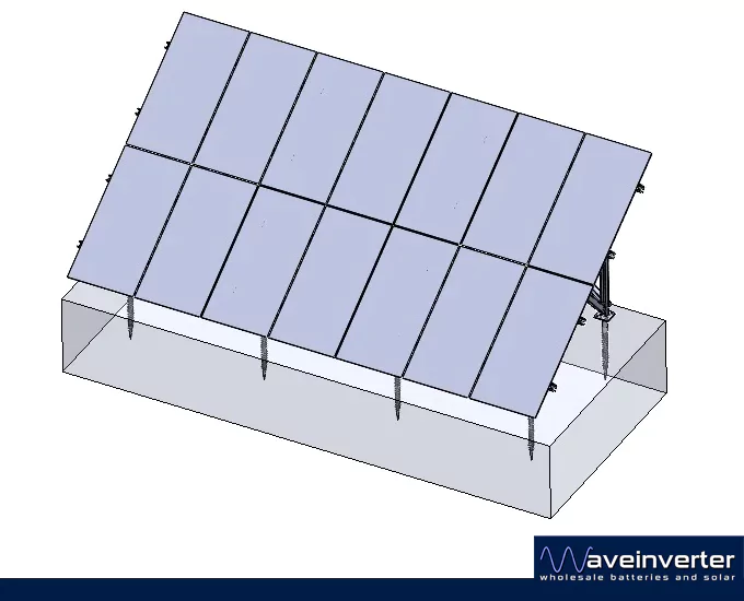 Ground mount solar kit for 14 panels, front view with the panels fitted, standing on eight ground screws