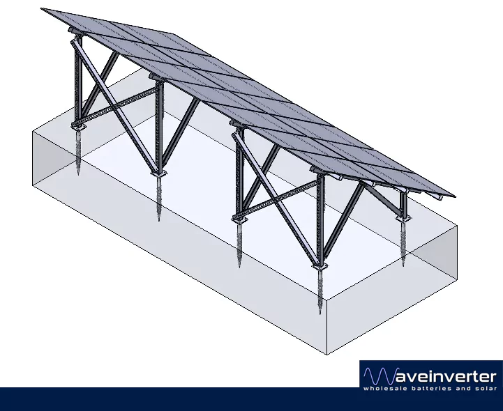 14 panel solar ground mount frame seen from the rear left, showing the legs, diagonal struts, cross bracing and ground screws