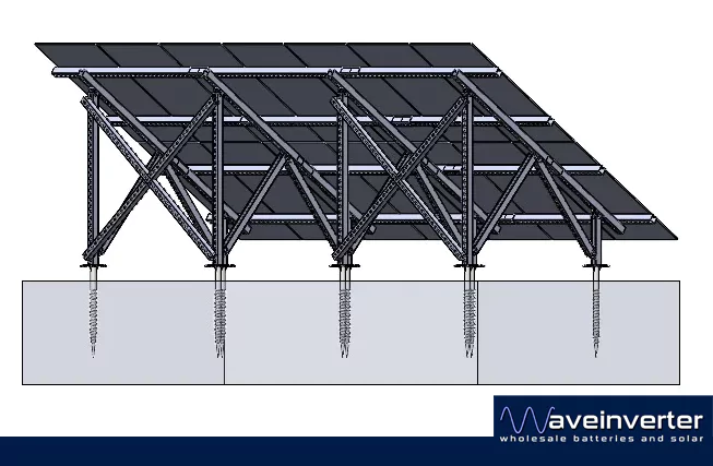 Low view from behind and under the 14 panel solar ground mount, showing the leg struts and the ground screws