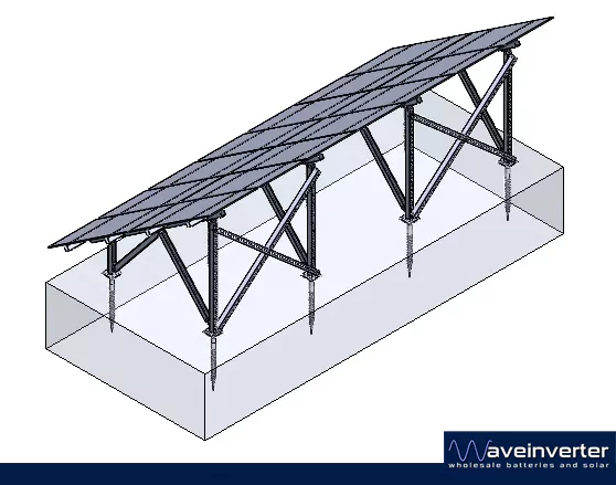 14 panel solar ground mount frame seen from the rear right, showing the braced steel legs and ground screws