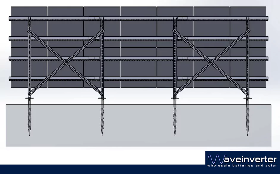 Rear view of the 14 panel solar ground mount showing four rails, four pairs of legs and double cross bracing in the two end bays