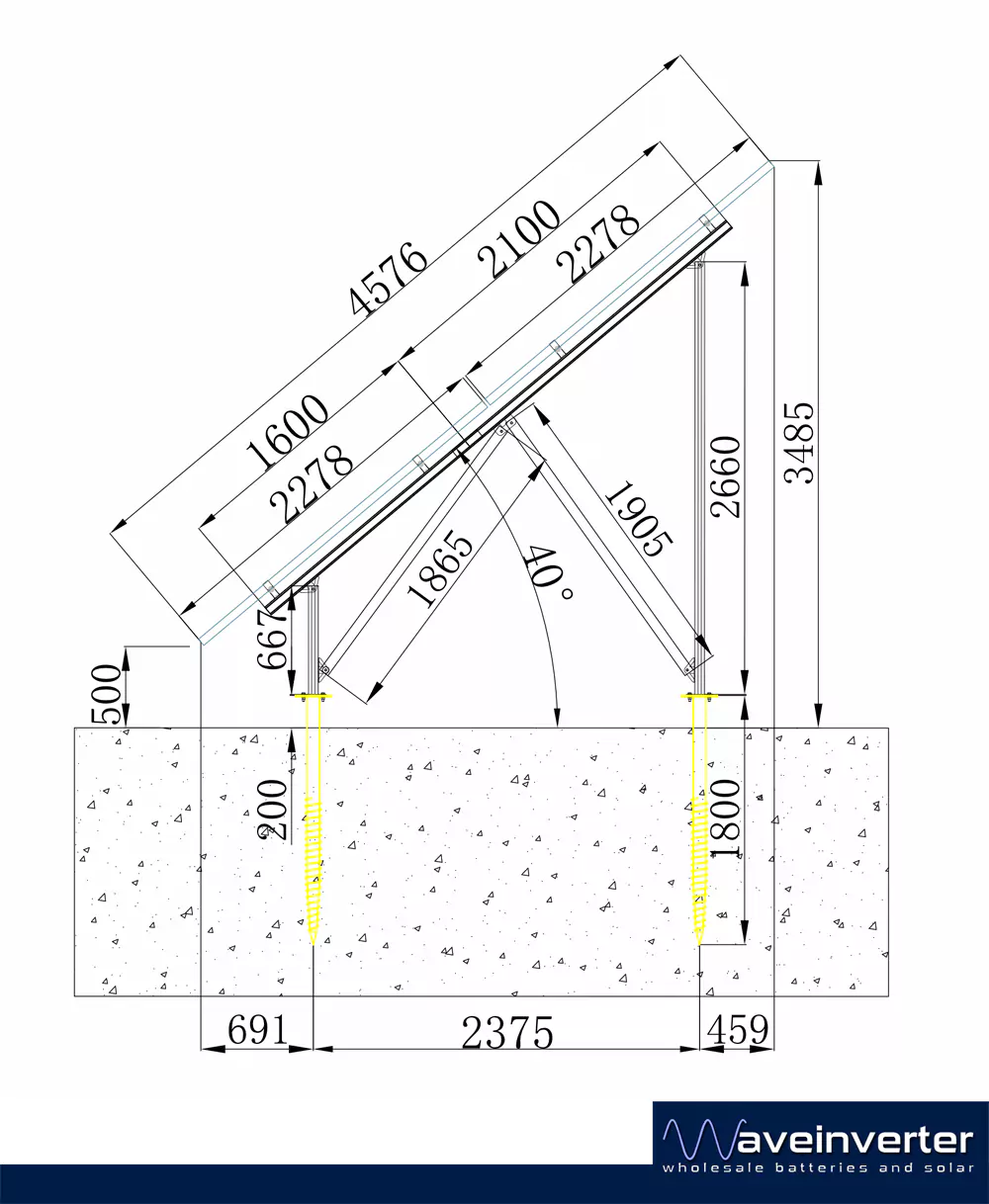 Side drawing of the 14 panel solar ground mount with dimensions: 40 degree tilt, 3485 mm high at the top, 500 mm clear at the front, ground screws 2375 mm apart